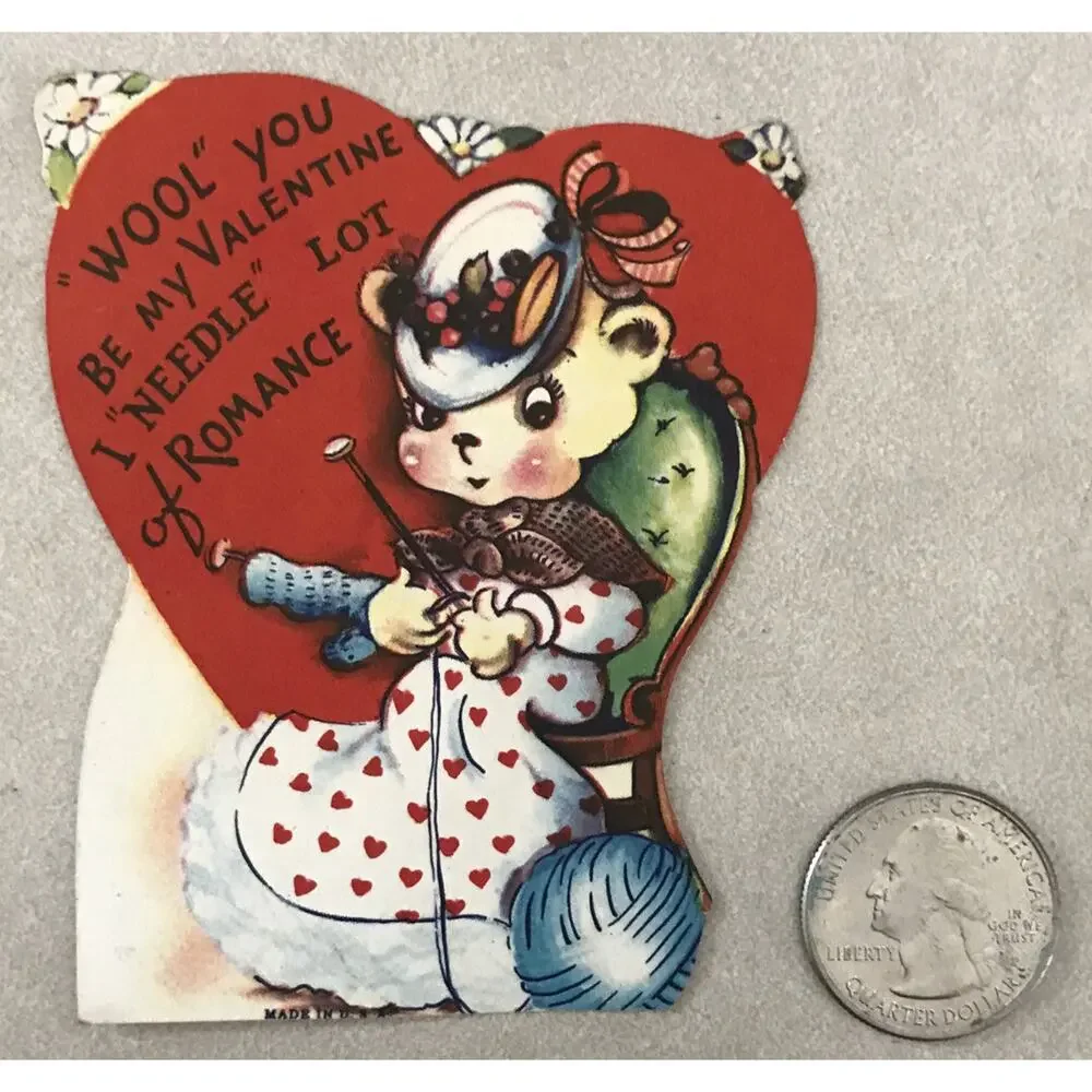 Vintage 30s Wool You Be My Valentine I Needle Lot Of Romance Knitting Card